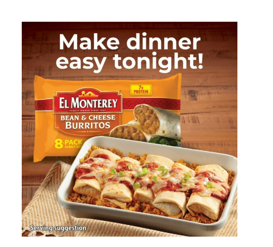 El Monterey Bean & Cheese Burritos – 32 oz, 8 Count (Frozen)