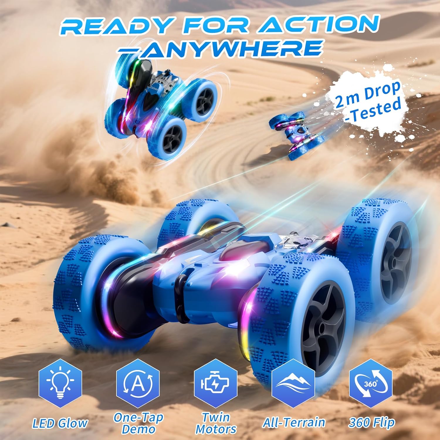 Remote Control Stunt Car 4WD 360° Flip Double‑Sided RC Cars, LED Light Bar, USB‑C Modular Battery, 2.4 GHz Outdoor Beach Toy for Boys 6‑12 Years Old, Birthday & Christmas Kids Gift, Blue - Image 5