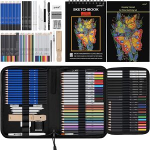 Prina 76 Pack Drawing Set Sketching Kit, Pro Art Supplies with 3-Color Sketchbook, Include Tutorial, Colored, Graphite, Charcoal, Watercolor & Metallic Pencil, for Artists Adults Teens Beginner