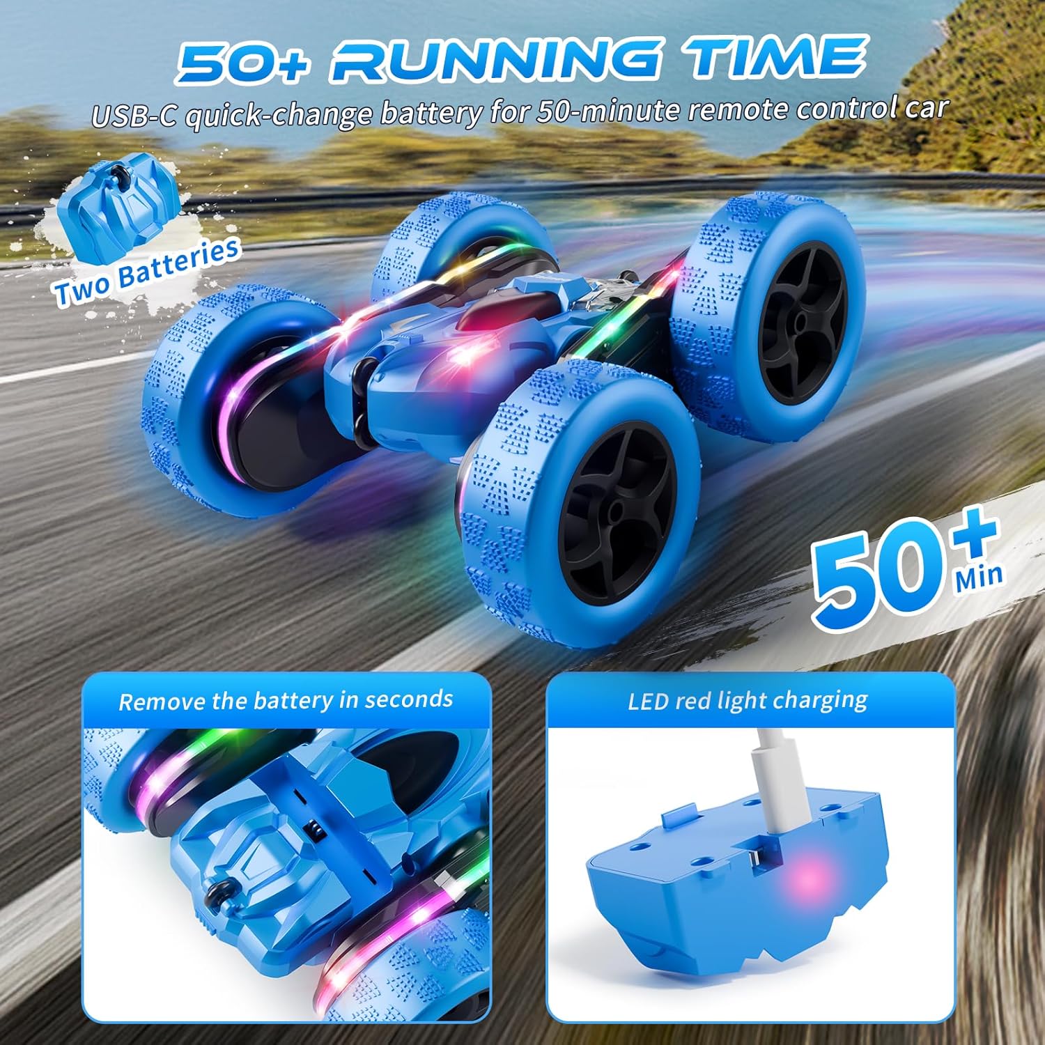 Remote Control Stunt Car 4WD 360° Flip Double‑Sided RC Cars, LED Light Bar, USB‑C Modular Battery, 2.4 GHz Outdoor Beach Toy for Boys 6‑12 Years Old, Birthday & Christmas Kids Gift, Blue - Image 3