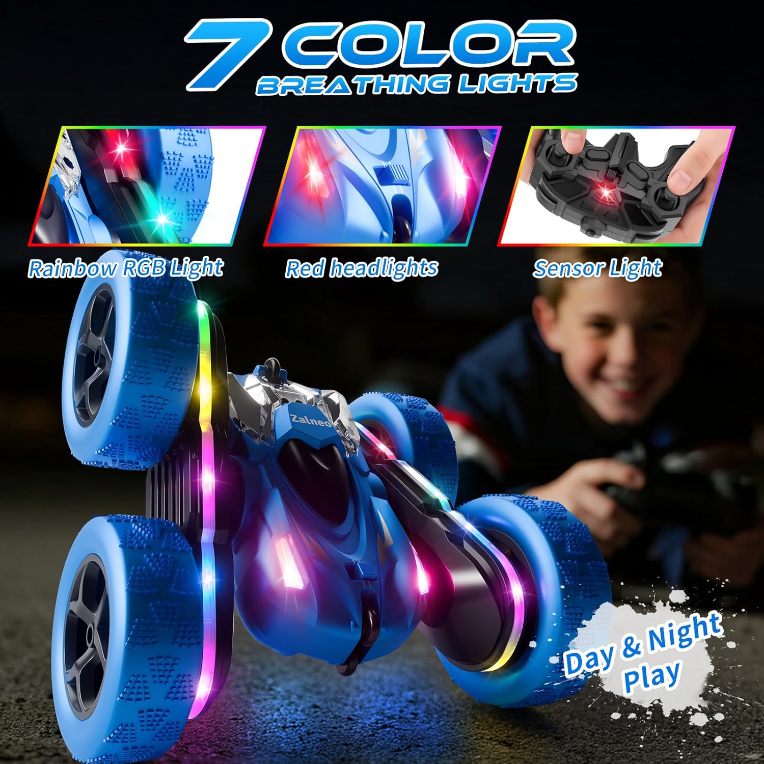 Remote Control Stunt Car 4WD 360° Flip Double‑Sided RC Cars, LED Light Bar, USB‑C Modular Battery, 2.4 GHz Outdoor Beach Toy for Boys 6‑12 Years Old, Birthday & Christmas Kids Gift, Blue - Image 4