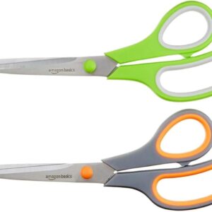 Amazon Basics Multipurpose Stainless Steel Scissors for Office, Crafts, Paper Cutting, Fabric Cutting, Right/Left Handed, Comfort Grip, PVD Coated, 2-Pack, Green and Grey