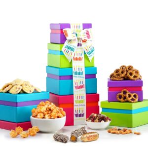 Broadway Basketeers Birthday Gift Basket Tower - Birthday Snack Box with Sweet and Savory Treats for Men, Women, & Kids