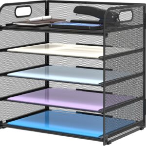 Supeasy 5 Trays Paper Organizer Letter Tray with Handle-Mesh Desk File Holders, Paper Sorter Desk Organizer for Office, Home, Classroom or School