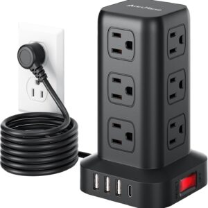 AnnTane Surge Protector Power Strip 6.5 FT Cord, Power Strip Tower with 4 USB Ports (1USB C), Extension Cord with 12 AC Multiple Outlets, Home Office Supplies Desk Accessories, Dorm Room Essentials