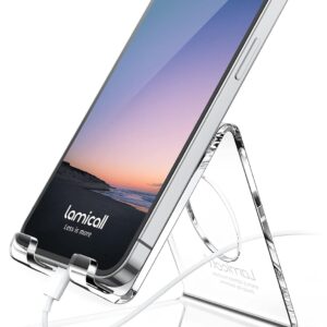 Lamicall Cell Phone Stand, Desk Accessories - Clear Office Cell Phone Holder, Acrylic Phone Stand, Desktop, Acrylic Office Supplies Desk Decor Accessories, Suitable for iPhone, 4-8'' Phone, Gifts