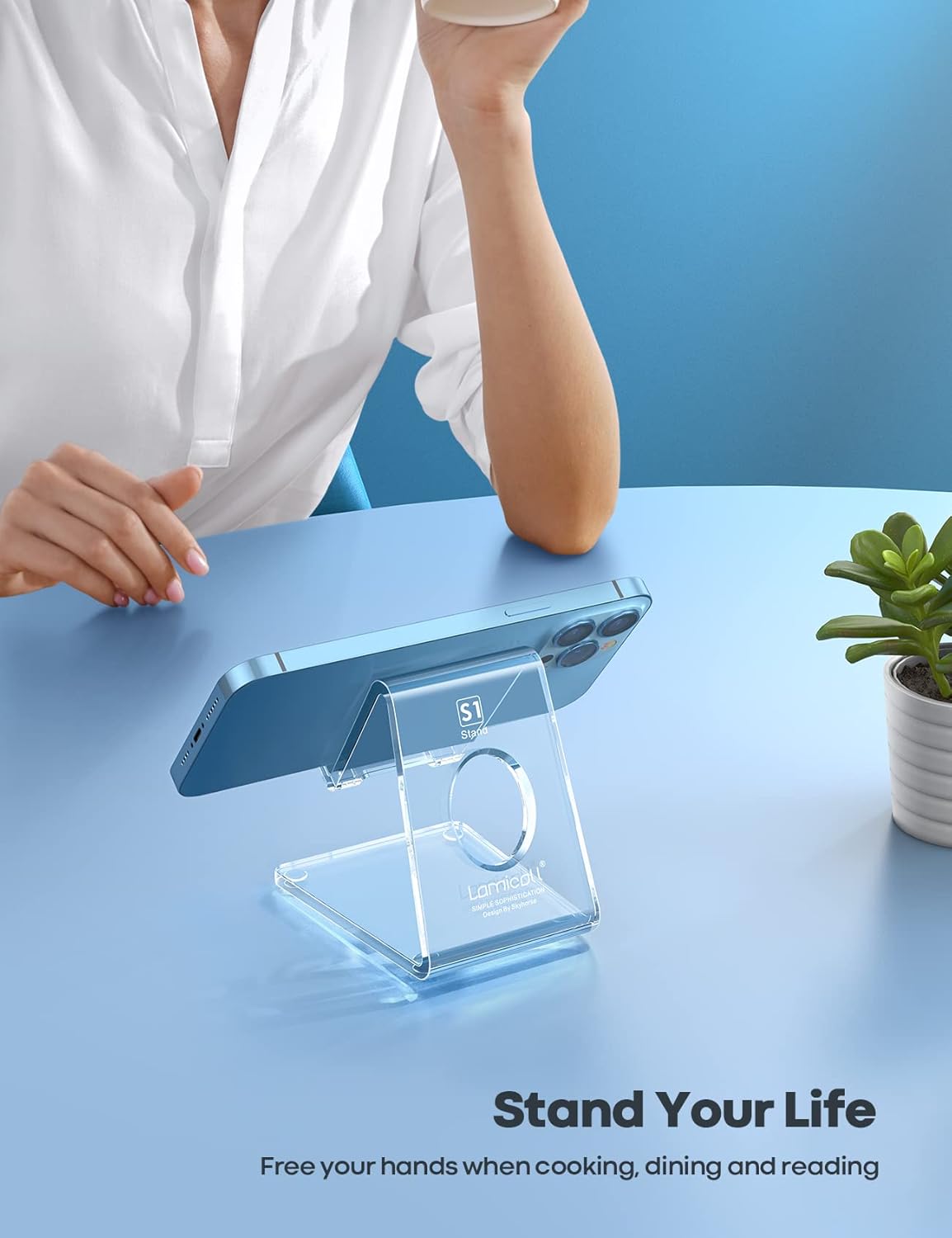 Lamicall Cell Phone Stand, Desk Accessories - Clear Office Cell Phone Holder, Acrylic Phone Stand, Desktop, Acrylic Office Supplies Desk Decor Accessories, Suitable for iPhone, 4-8'' Phone, Gifts - Image 4