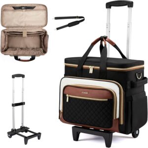 LOVEVOOK Rolling Teacher Bag with Detachable Dolly and Laptop Compartment, Large Rolling Tote Bag fits for 17.3" Laptop for Teacher Office Work Craft Nurse, Quilted-Black-beige-brown