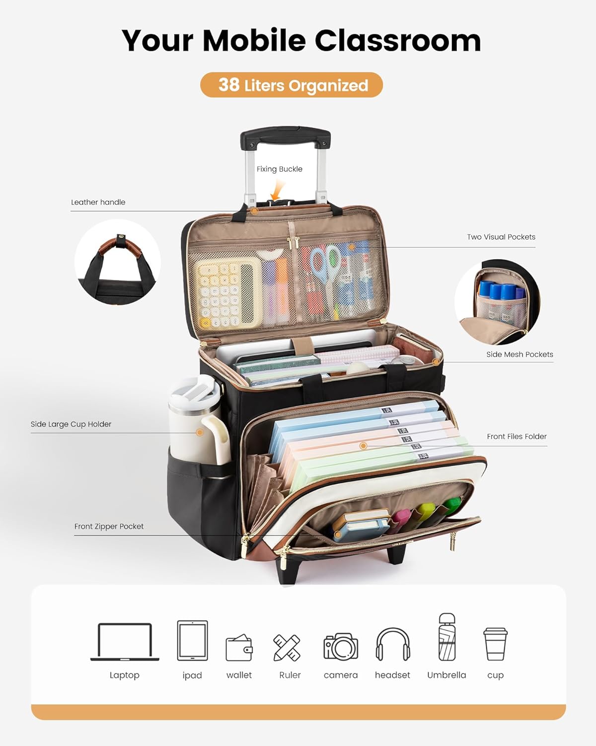 LOVEVOOK Rolling Teacher Bag with Detachable Dolly and Laptop Compartment, Large Rolling Tote Bag fits for 17.3" Laptop for Teacher Office Work Craft Nurse, Quilted-Black-beige-brown - Image 4