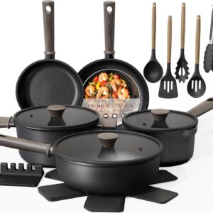 Astercook 19 Pcs Pots and Pans Set Non Stick, Black Titanium Induction Kitchen Cookware Sets, Non toxic Healthy Kitchen Cooking Set with Frying Pans Set, PTFE PFOA PFOS Free, Fathers Day Gift for Men