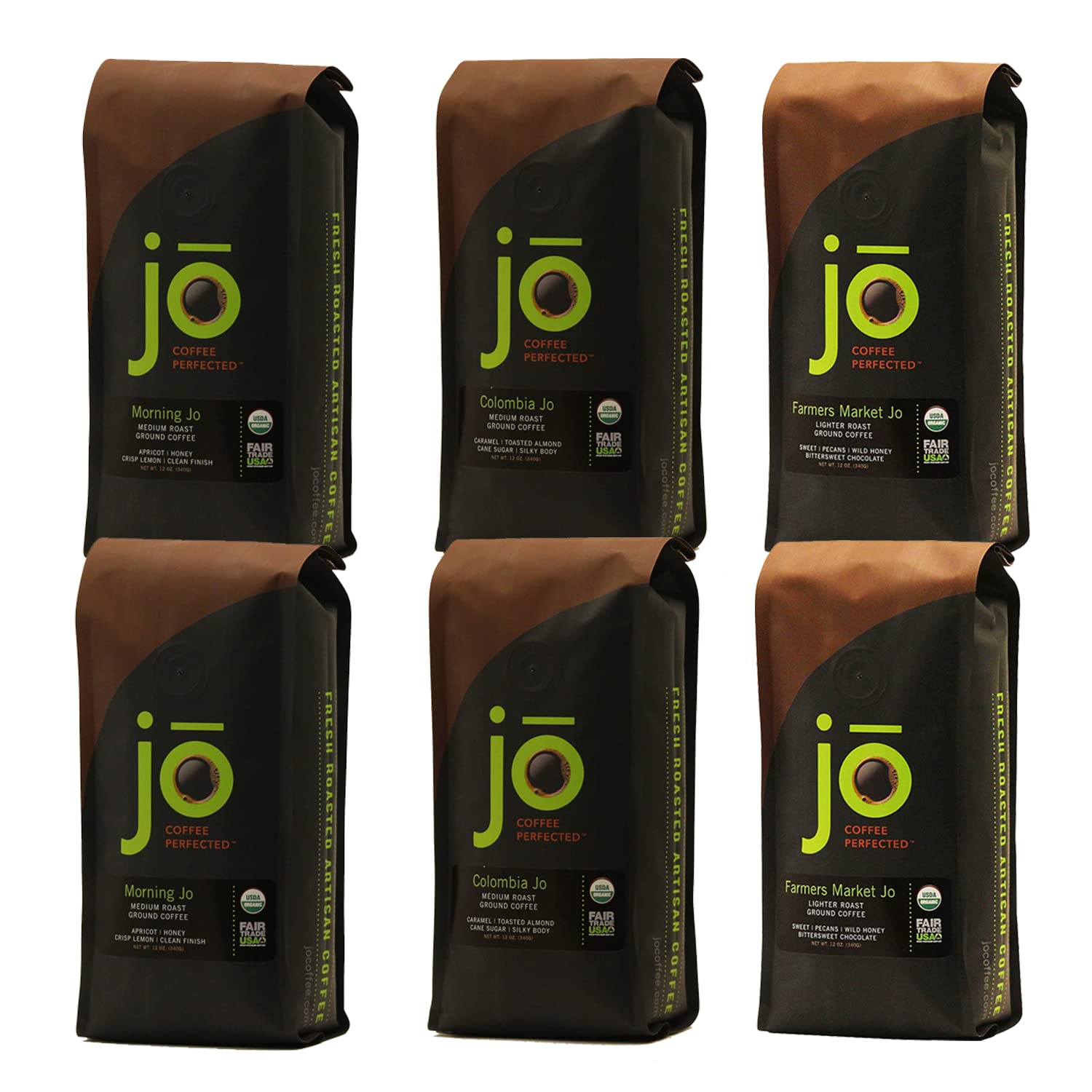JO COFFEE: Light & Medium Roast Bundle, Farmers Market Jo, Morning Jo Coffee, Colombia Jo, 6 Packages, 12 oz each, USDA Certified, Fair Trade Certified, Gourmet Coffee, Gluten-Free