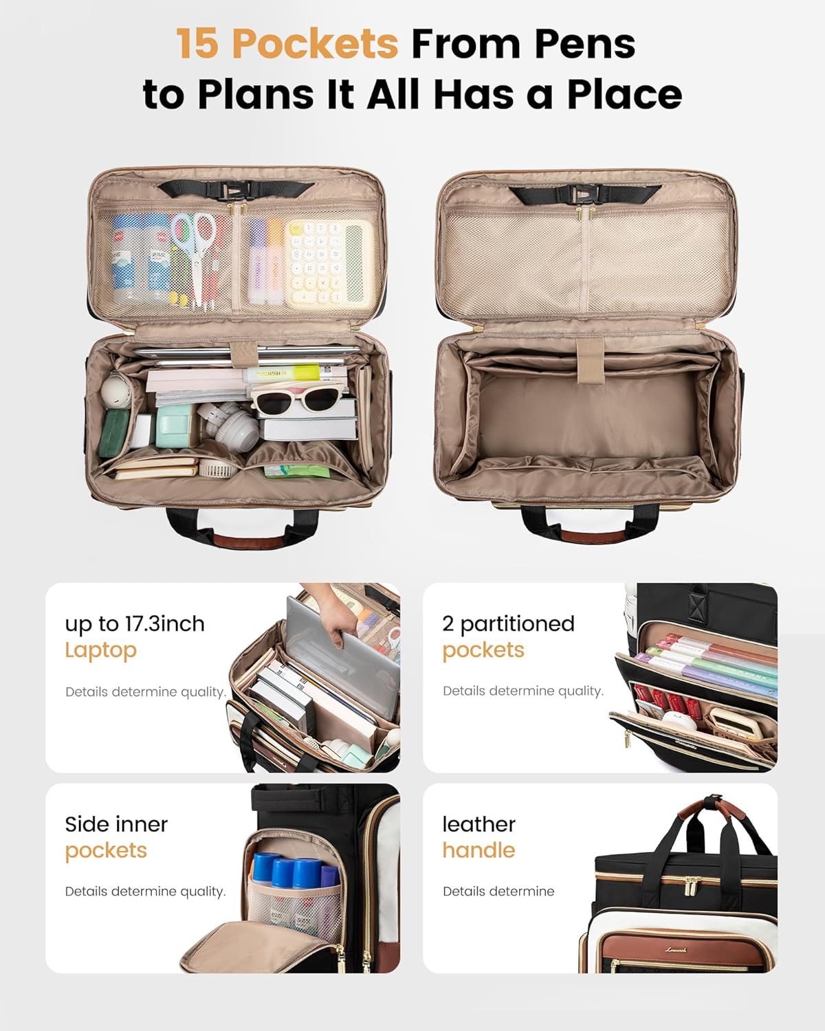 LOVEVOOK Rolling Teacher Bag with Detachable Dolly and Laptop Compartment, Large Rolling Tote Bag fits for 17.3" Laptop for Teacher Office Work Craft Nurse, Quilted-Black-beige-brown - Image 5