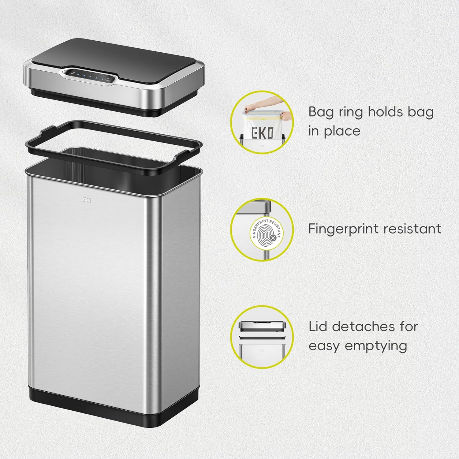 EKO Mirage-T 50 Liter / 13.2 Gallon Touchless Rectangular Motion Sensor Trash Can or Recycling Bin, Brushed Stainless Steel Finish - Image 5