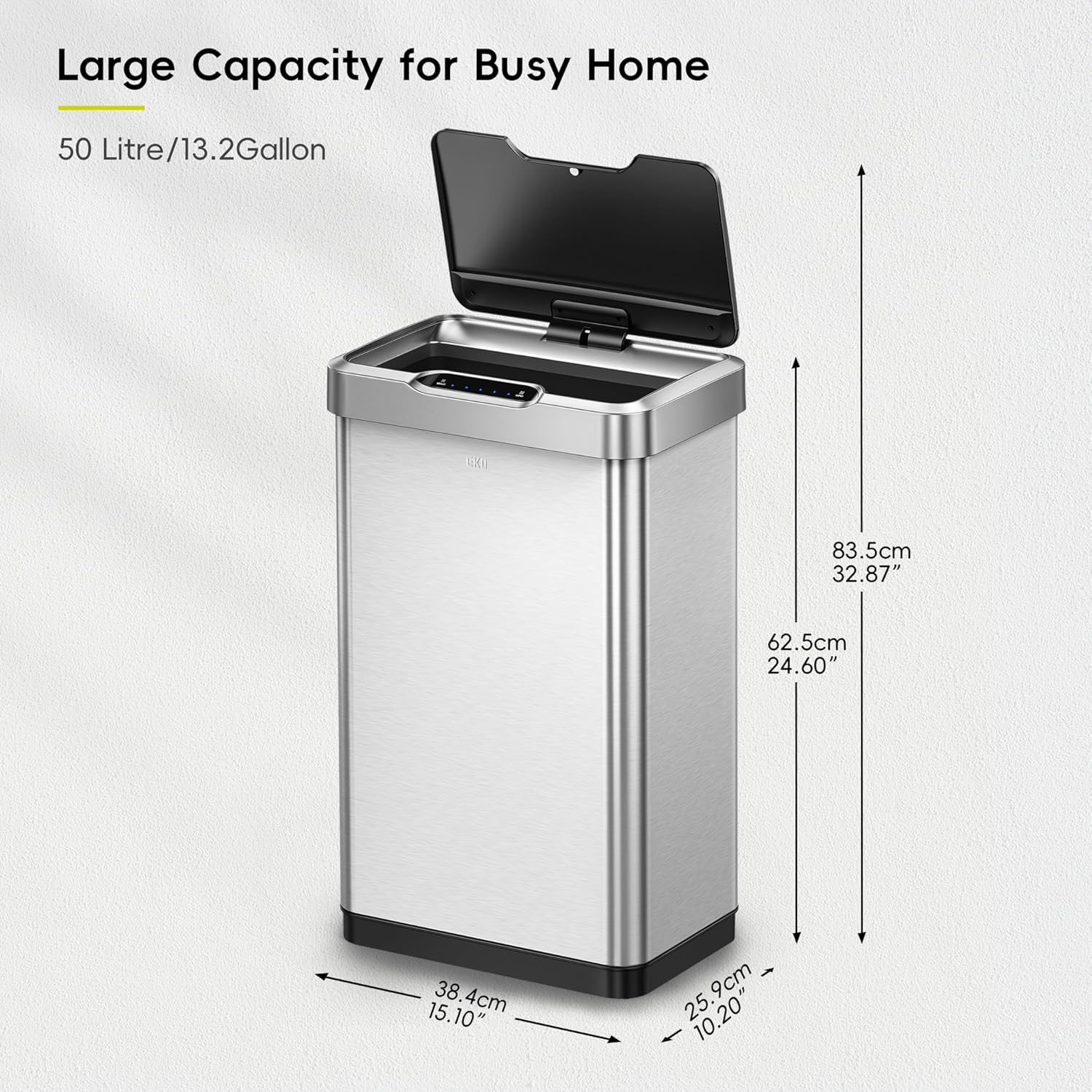 EKO Mirage-T 50 Liter / 13.2 Gallon Touchless Rectangular Motion Sensor Trash Can or Recycling Bin, Brushed Stainless Steel Finish - Image 4