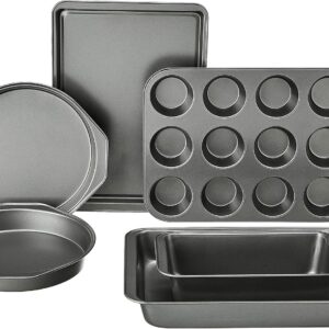 Amazon Basics 6 Piece Nonstick Carbon Steel Bakeware Set with Cake, Muffin, Cookie, and Loaf Pans, Easy Release, Oven Safe, 16.25 x 11.75 x 6.25 inches